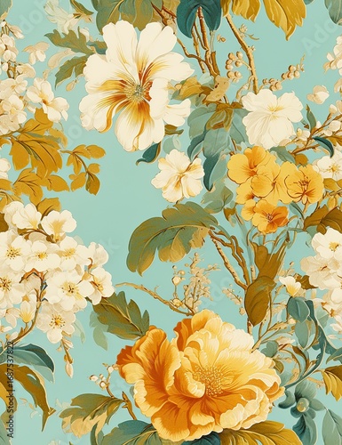 pretty black flowers wallpaper for decoration, beige and aquamarine colors