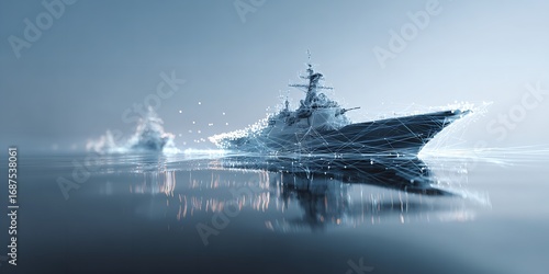 White warship floating on the sea with network connections and data points overlay, futuristic concept of naval technology and maritime communication