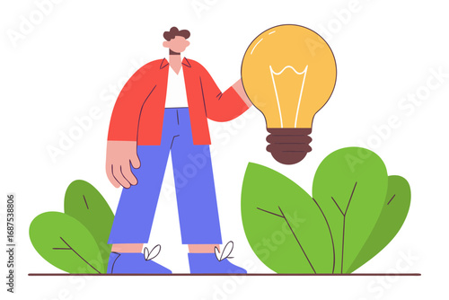 Person holding a bright yellow light bulb symbolizing a new idea isolated on transparent background