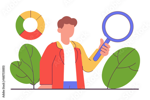 Man with magnifying glass and pie chart analyzing data isolated on transparent background
