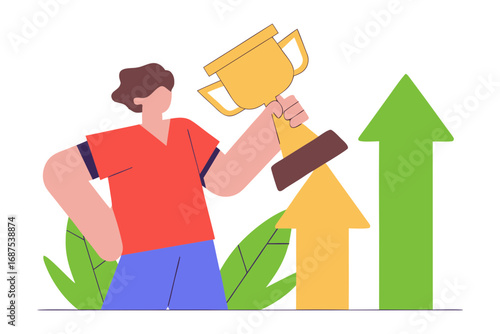 Person holding a golden trophy with upward trending arrows and leaves isolated on transparent background