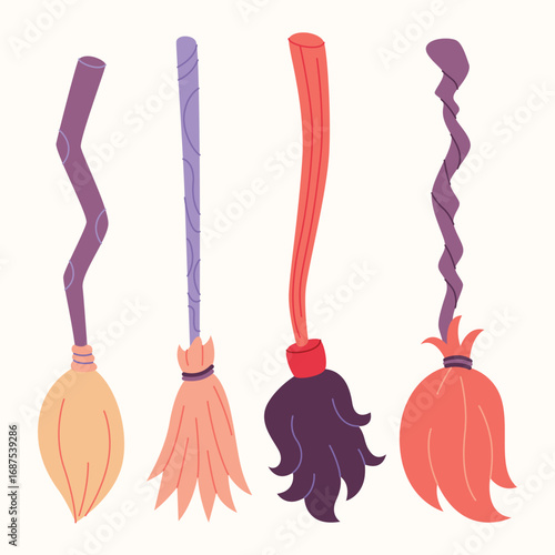 Set of Halloween witch brooms, magical flying broomsticks, flat cartoon style.