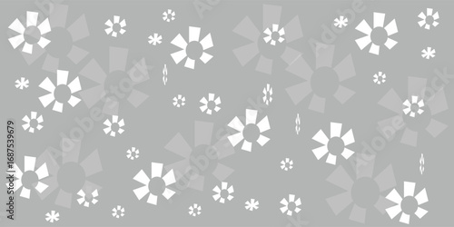 Abstract floral pattern with white and light gray flower shapes scattered on a gray background graphic design