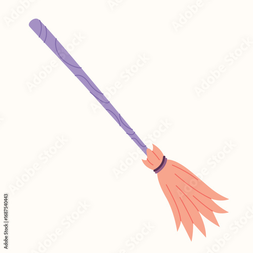 Halloween witch broom, magical flying broomsticks, flat cartoon style.