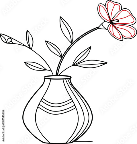 Black and white floral illustration with red outlined flower petals and leaves in a vase on white background