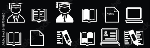 A modern set of 12 academic and educational icons on a dark background, featuring students, graduation, books, notes, and technology. Perfect for UI UX design, websites, apps, and school-related icons