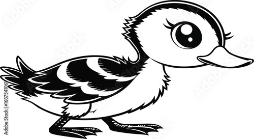 Black and white illustration of a cartoon duckling with large eyes and a curved beak walking to the right