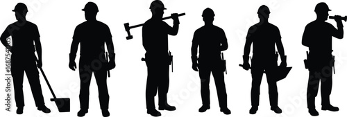 construction workers silhouettes standing together holding tools