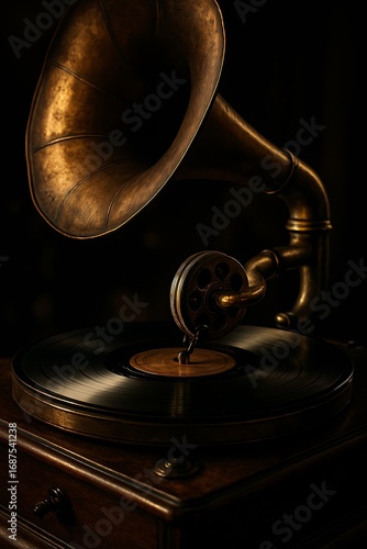 Vintage gramophone with brass horn plays classic vinyl record evoking nostalgia and timeless elegance
