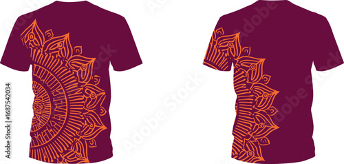 T-shirt design concept with Indian mandala pattern on burgundy fabric, apparel graphic design