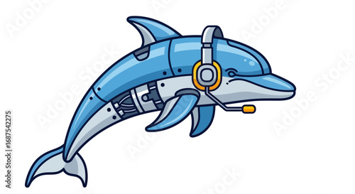 Robotic Dolphin with Headset and Microphone, Futuristic Marine Creature.