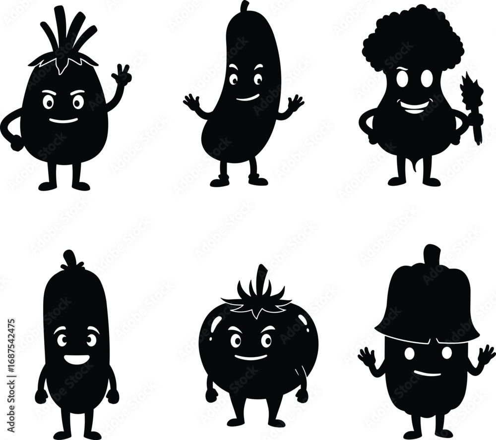 Obraz premium Cute cartoon vegetables characters, smiling onion, happy cucumber, broccoli holding carrot, tomato mascot, bell pepper waving, healthy food illustration, kids education design