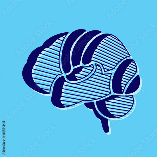 Modern graphic illustration of a human brain in a stylized, retro line art style. Using hatching to define the cerebral lobes, creating a sophisticated and intellectual look.