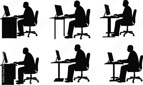 Silhouette office workers at desks using computers, workplace ergonomics posture, business teamwork, corporate environment, technology, productivity, occupational health, vector illustration
