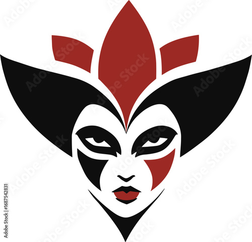 Harlequin face logo design vector art, jester mask, carnival, circus, theatre icon