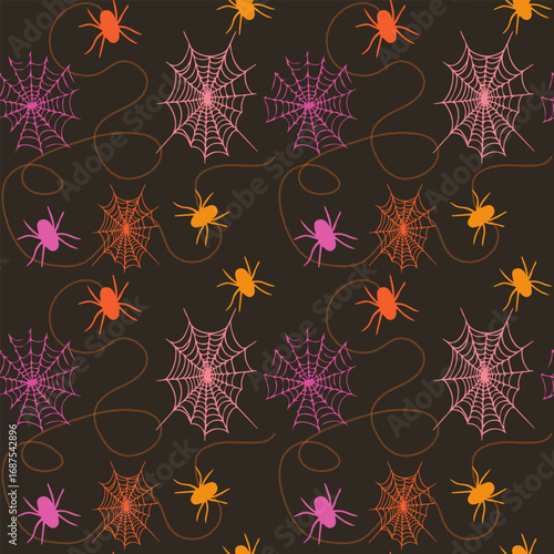 Seamless Halloween background with pink, orange, and purple spiders and webs on black, connected by winding lines. Vector art
