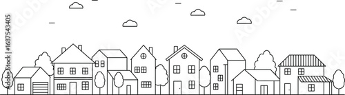 a quaint village scene with houses trees and fluffy clouds