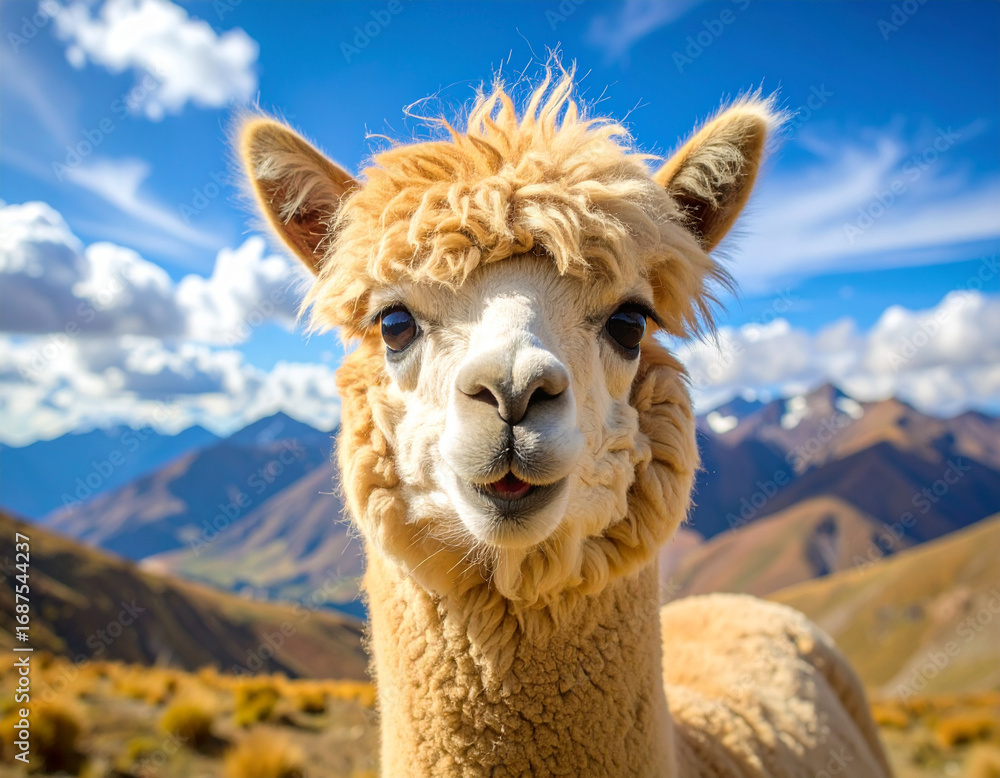 Obraz premium Cute alpaca posing for camera with fluffy fur in andes mountains