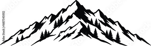 a majestic mountain range with sharp peaks and dense forests
