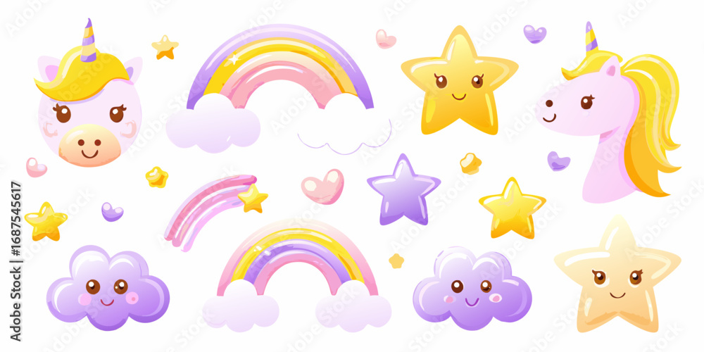 Obraz premium Cute unicorn rainbow star and cloud collection for kids