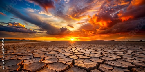 Dramatic sunset over cracked earth landscape, with vibrant clouds and warm colors creating a powerful image of drought, climate change, and the beauty of natures resilience