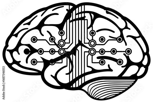 Brain Circuitry: A stark, intricately detailed illustration of a human brain, bisected to reveal a complex network of interconnected circuits, symbolizing the synergy of intellect and technology.