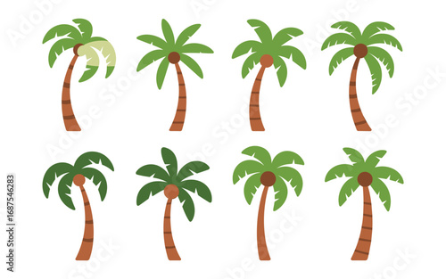 Set of Eight Cartoon Palm Trees with Green Fronds and Brown Trunks tropical beach