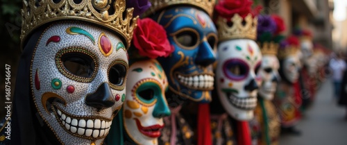 Vivid festival masks from events like carnival or Día de Muertos