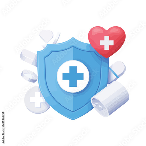 Medical shield protecting heart and pills healthcare and insurance concept