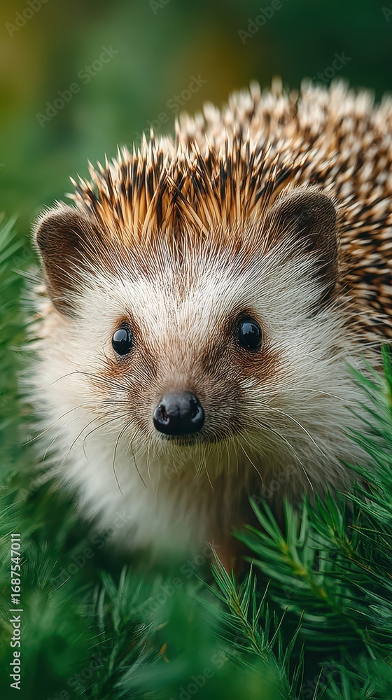 Fototapeta premium Hedgehog forages in a lush green garden surrounded by foliage during the golden hour of sunset