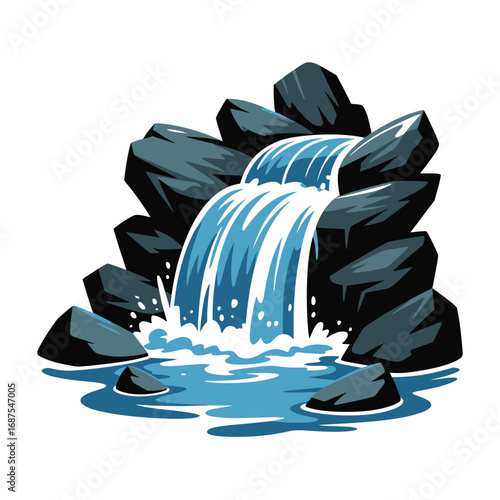 Stylized waterfall flowing over dark rocks in a pool of water