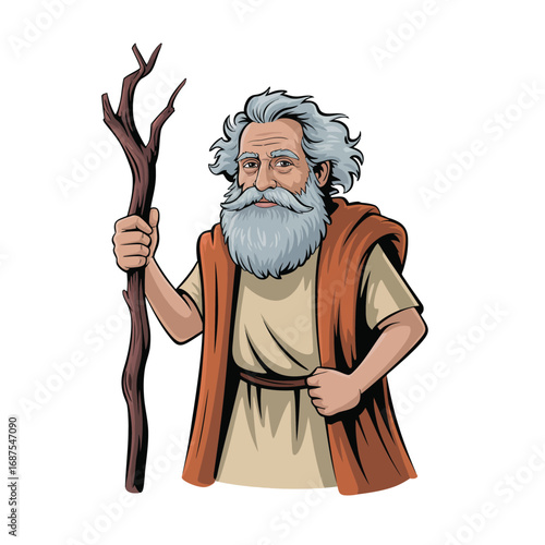 Biblical prophet moses holding a wooden staff with a long white beard