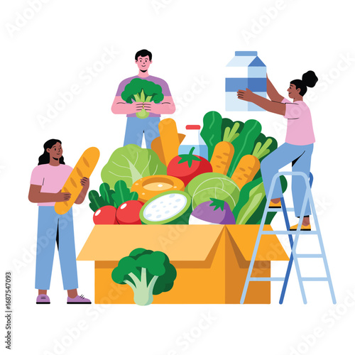 Diverse people packing a box full of fresh healthy food and groceries