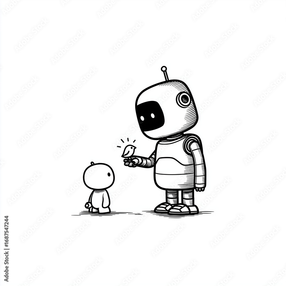 Fototapeta premium black line art illustration in a cartoon style. It depicts two robots: a larger robot (possibly representing a parent or guardian) and a smaller robot (likely a child). 