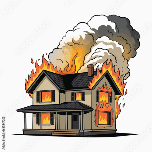 Residential house engulfed in flames and smoke