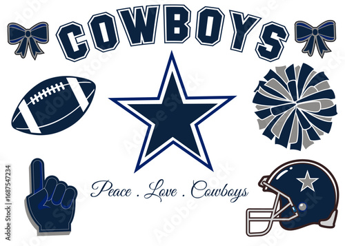 DALLAS Cheerleader vectors BLUE AND GREY  . HELMET and Pom-Pom .star ,bow , cheer ,american-football
