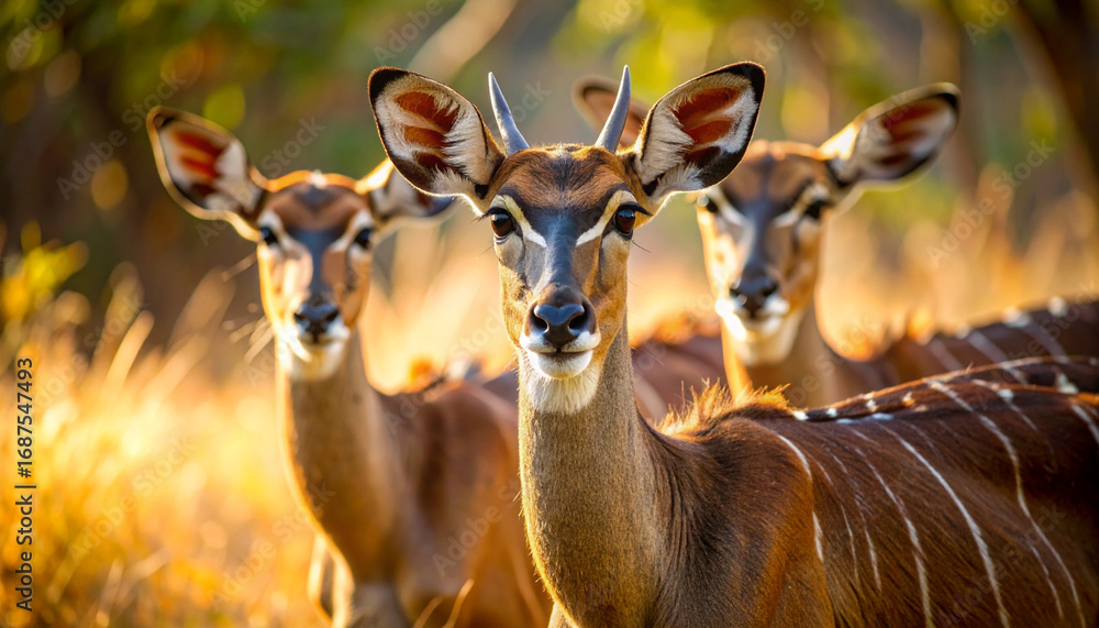 Fototapeta premium Nyala antelopes standing together in golden light during african sunrise
