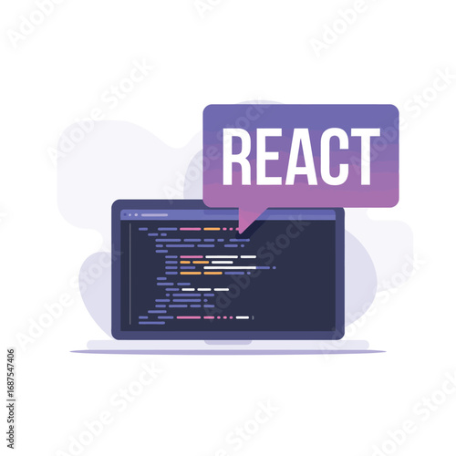 Laptop displaying react code with a speech bubble