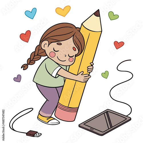 Joyful child embraces giant pencil connecting to tablet, sparking creativity and learning with colorful hearts all around.