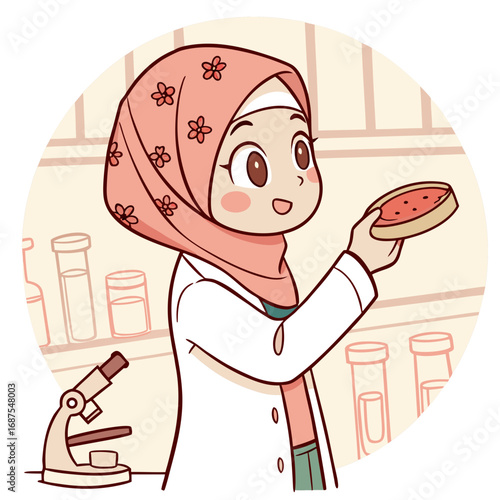 Joyful Muslim scientist in hijab examining petri dish with microscope and test tubes, representing discovery and education