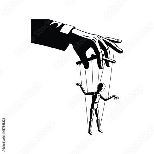 Black and white illustration of puppet controlled by a hand holding a cigarette symbolizing addiction and manipulation