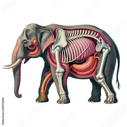 Anatomical illustration of an elephant showing internal organs and skeleton
