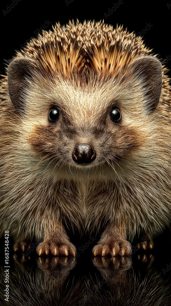 Fototapeta premium Hedgehog with detailed fur texture poses against a black background in an artistic portrayal capturing its features and charm
