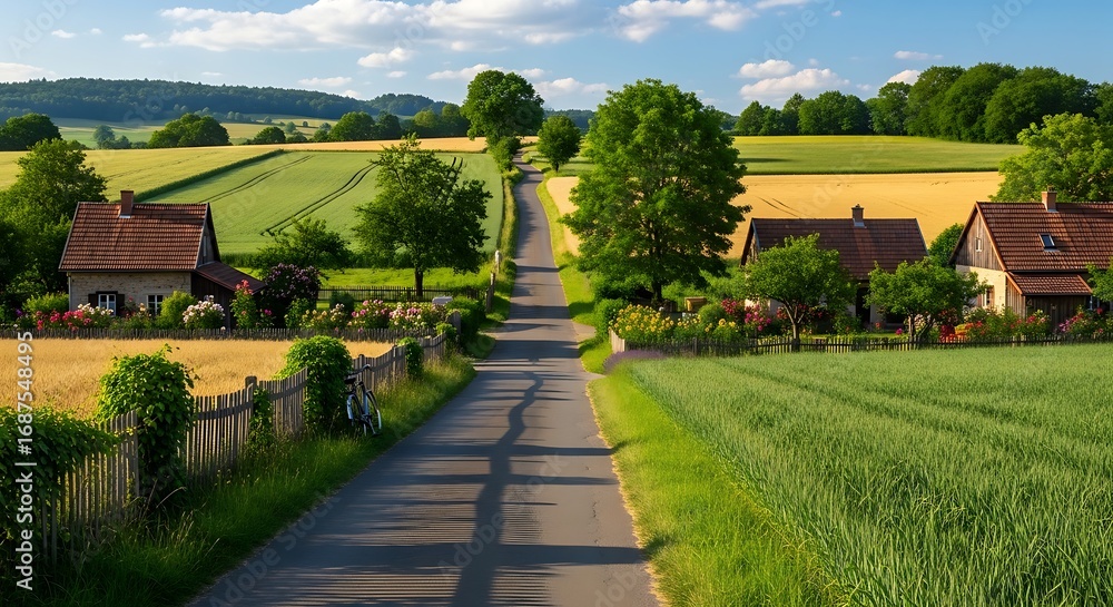 Fototapeta premium Country Road with Farm Houses, and Fields.