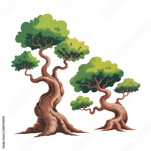 Stylized illustration of two whimsical ancient bonsai trees with twisted trunks and lush green foliage