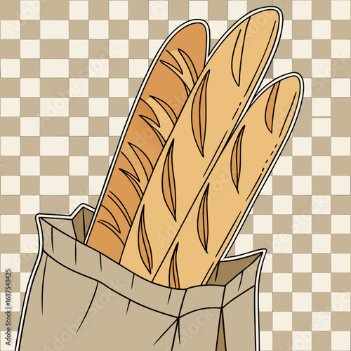 Freshly baked baguettes in a paper bag against a checkered background ready for a delicious meal or picnic adventure today for everyone
