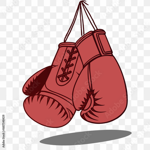 Pair of red boxing gloves hanging by their laces ready for a fight or training session in the gym or at home for fitness and exercise