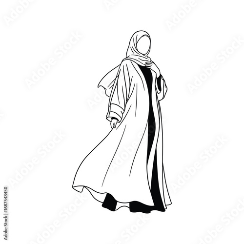 Elegant Black and White Line Drawing of a Muslim Woman in Abaya and Hijab