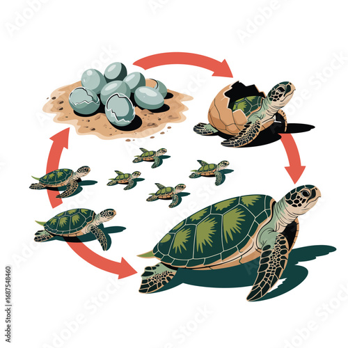 Sea turtle life cycle illustration showing eggs hatching and growth