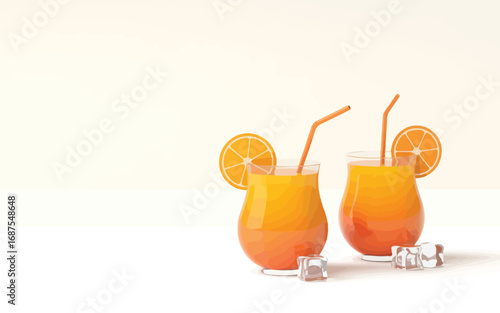 Two refreshing orange juice cocktails with orange slices and ice cubes